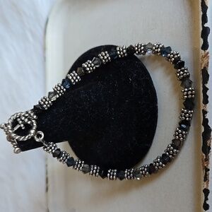 B-007-Delicate Silver Tone Black And Gray Beaded Bracelet